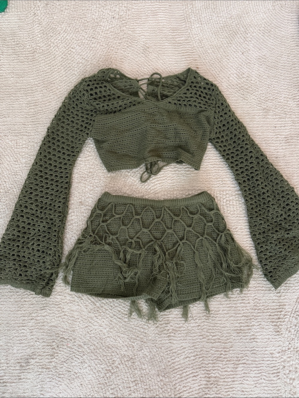 SHEIN Olive Green Crochet Bell-Sleeve Crop Top